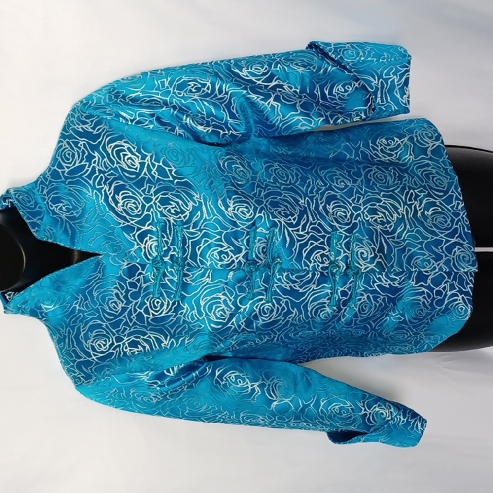 Vintage Dragon Silk Teal & Silver Embroidered Blazer, rose pattern